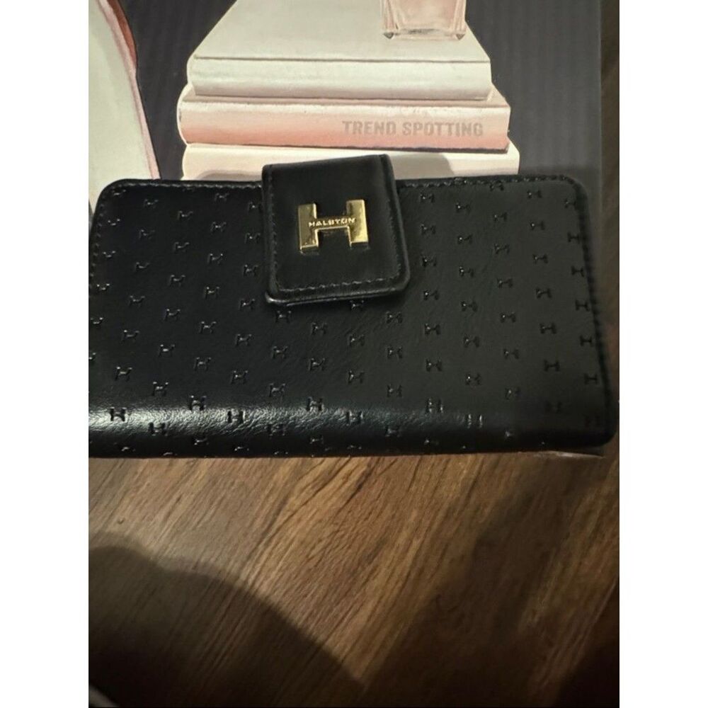 Halston Black Leather Wallet with Gold Logo